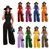 Solid color sleeveless jumpsuit+wide leg pants set