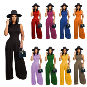 Solid color sleeveless jumpsuit+wide leg pants set