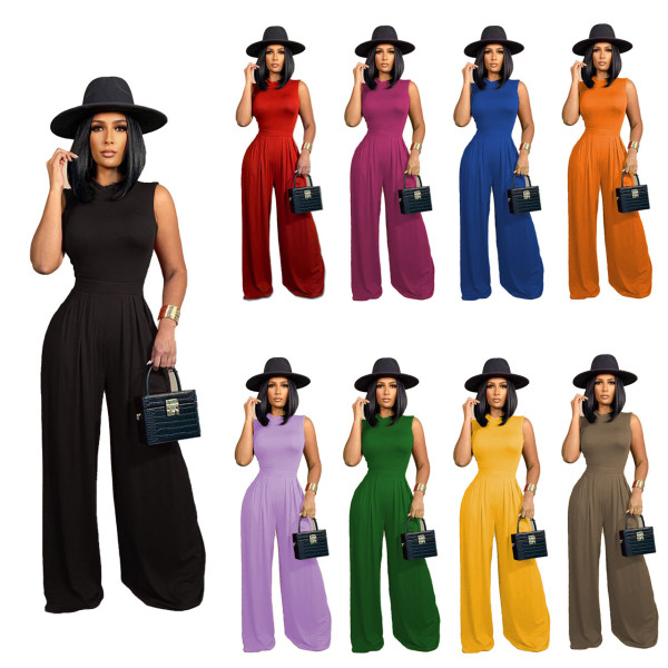 Solid color sleeveless jumpsuit+wide leg pants set