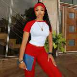 Three piece set of contrasting short sleeved T-shirt top, flip waist pants