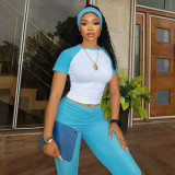 Three piece set of contrasting short sleeved T-shirt top, flip waist pants