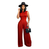 Solid color sleeveless jumpsuit+wide leg pants set