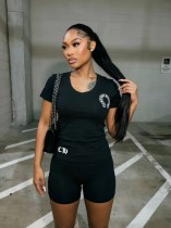 Two piece set of letter printed T-shirt and shorts