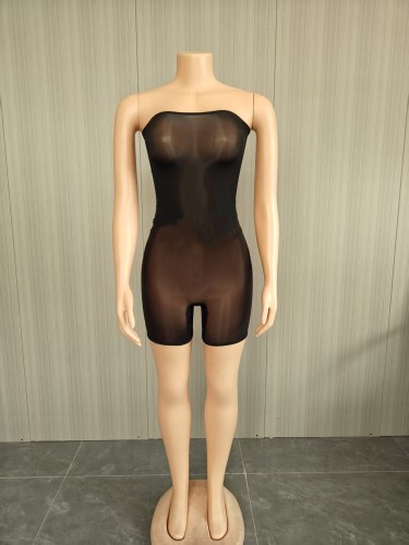 Super elastic shiny strapless jumpsuit shorts