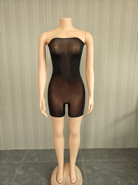 Super elastic shiny strapless jumpsuit shorts