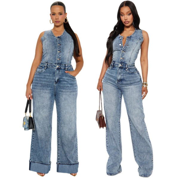 Elastic wash denim jumpsuit