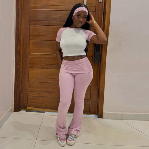 Three piece set of contrasting short sleeved T-shirt top, flip waist pants