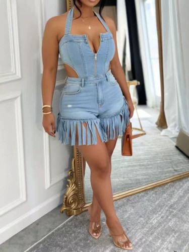 Edge fringed denim jumpsuit