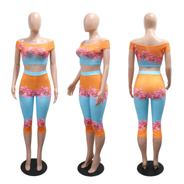 Printed off shoulder high waisted top and pants set