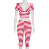 Striped printed short sleeved vest three piece set with cropped pants