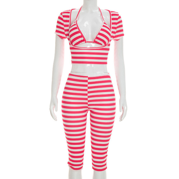 Striped printed short sleeved vest three piece set with cropped pants