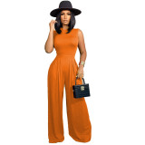Solid color sleeveless jumpsuit+wide leg pants set