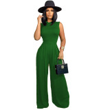 Solid color sleeveless jumpsuit+wide leg pants set