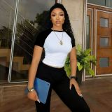 Three piece set of contrasting short sleeved T-shirt top, flip waist pants