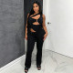Fake two slanted shoulder hollow waist one-piece pants with exposed waist