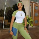 Three piece set of contrasting short sleeved T-shirt top, flip waist pants