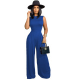 Solid color sleeveless jumpsuit+wide leg pants set
