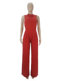 Solid color sleeveless jumpsuit+wide leg pants set