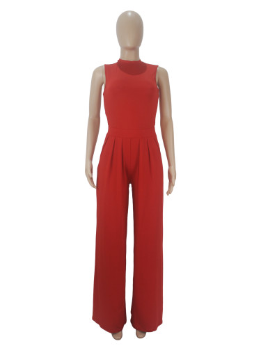 Solid color sleeveless jumpsuit+wide leg pants set