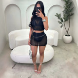 2-piece set of high elasticity bright perspective short skirt