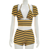 Strap top shorts striped printed three piece set