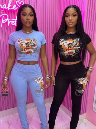 Printed short sleeved top and pants two-piece set