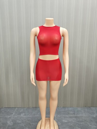 2-piece set of high elasticity bright perspective short skirt