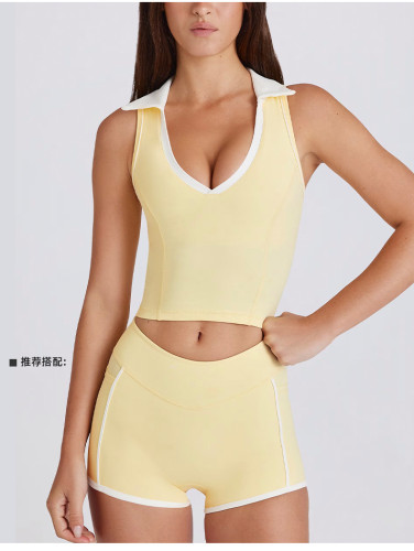 Sleeveless sport V-neck top vest with chest cushion contrasting color lapel yoga suit set