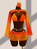 Knitted four piece swimsuit with neck hanging and hollowed out bikini