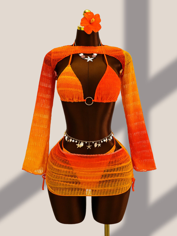 Knitted four piece swimsuit with neck hanging and hollowed out bikini