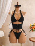 Hanging neck three piece bikini swimsuit