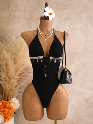 Solid color one-piece neck strap jacquard bikini swimsuit