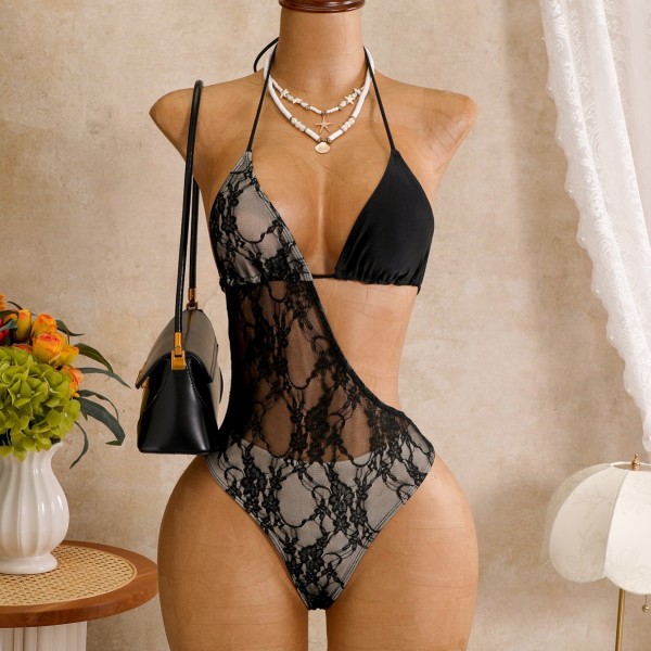 Lace see through one-piece swimsuit