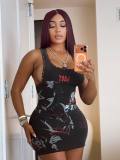 Graffiti print sleeveless rivet U-neck hip hugging short skirt