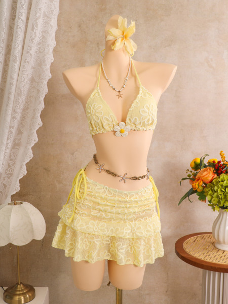 Flower Embroidered Bikini 3-Piece Swimsuit Set