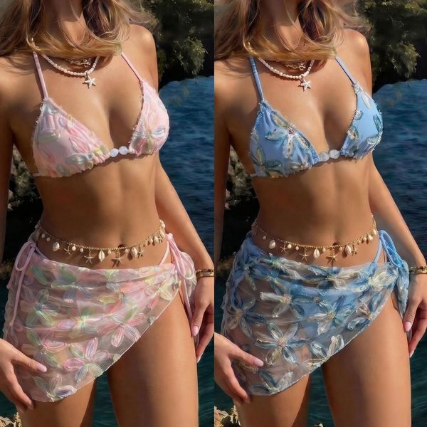 Flower embroidery sequin three piece set mesh split swimsuit