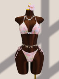 Flower embroidery sequin three piece set mesh split swimsuit