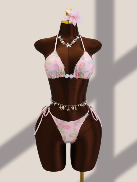 Flower embroidery sequin three piece set mesh split swimsuit