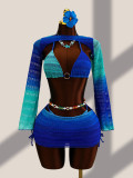 Knitted four piece swimsuit with neck hanging and hollowed out bikini