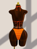 Knitted four piece swimsuit with neck hanging and hollowed out bikini