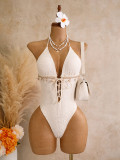 Solid color one-piece neck strap jacquard bikini swimsuit