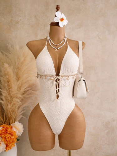 Solid color one-piece neck strap jacquard bikini swimsuit