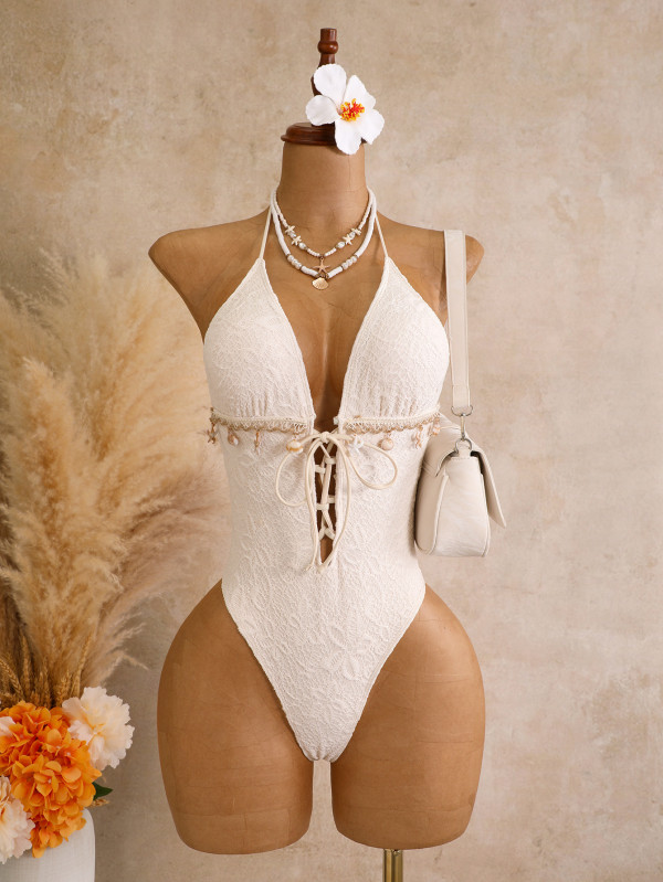 Solid color one-piece neck strap jacquard bikini swimsuit