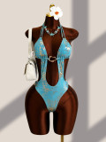 Jacquard one-piece swimsuit with neck hanging and hollowed out bikini