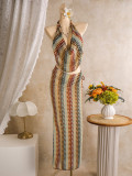 Knitted halter striped backless bikini swimsuit