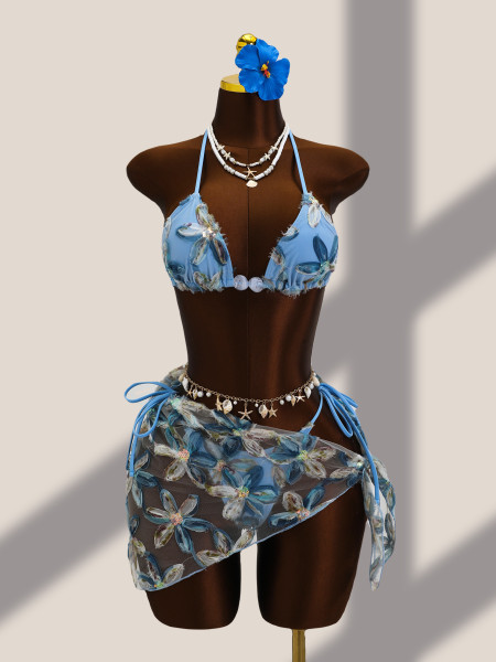 Flower embroidery sequin three piece set mesh split swimsuit