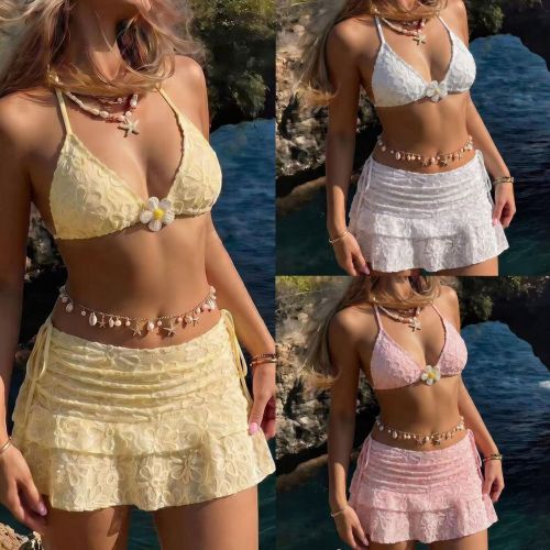 Flower Embroidered Bikini 3-Piece Swimsuit Set