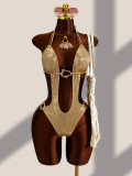 Jacquard one-piece swimsuit with neck hanging and hollowed out bikini