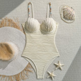 Wave pattern retro shell hard cup bead one-piece swimsuit
