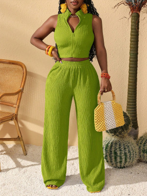 Texture zipper sleeveless top, wide leg pants two-piece set SY041
